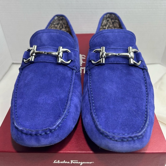 SALVATORE FERRAGAMO DRIVER LOAFER GANCINI ORNAMENT BLUE SUEDE SZ 9.5 E - NEW! - Picture 7 of 16